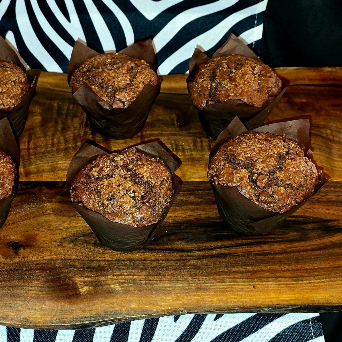 Close-up of double chocolate muffins studded with chocolate chips